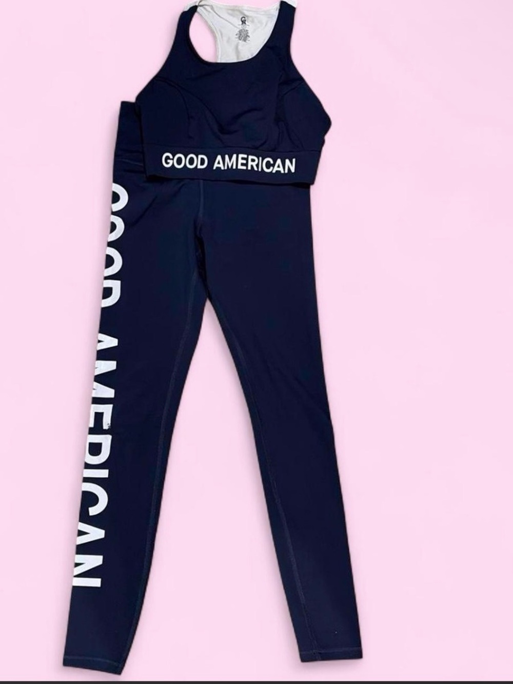 Good American Navy Leggings with White Logo Side Stripe